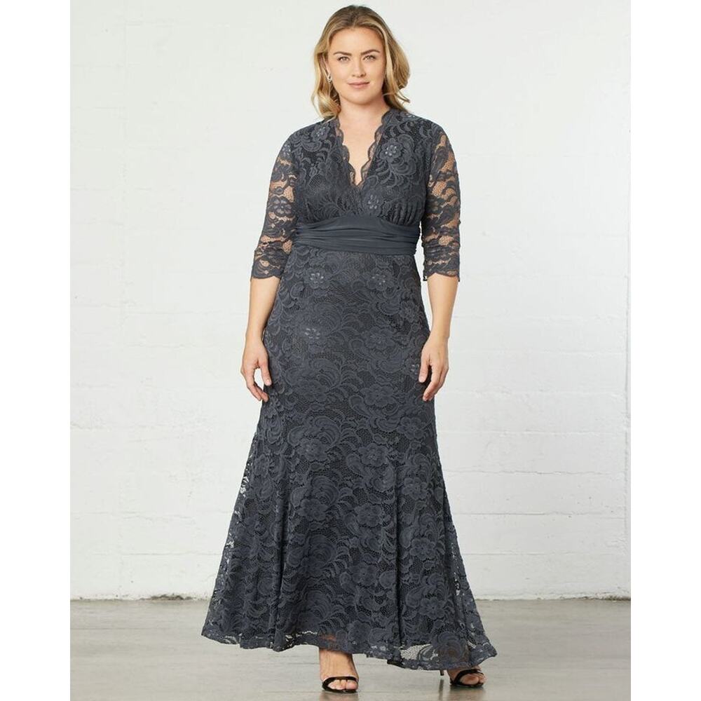 Kiyonna Maxi Dress Gown Gray Lace Screen Siren Style 2X Empire Waist Slimming